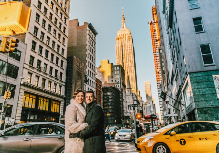 NYC city streets with bride and groom